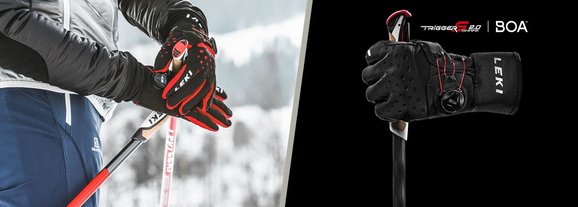 Man wearing LEKI gloves with trigger shark boa system