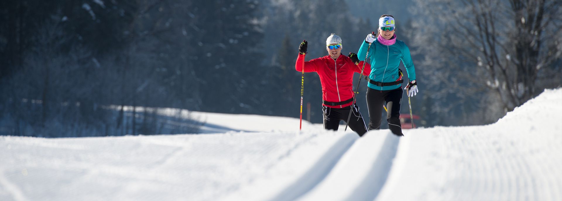 A couple skiing